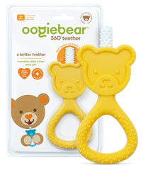 oogiebear 360° teether yellow bear front view helps soothe sore gums with soft silicone bristles.