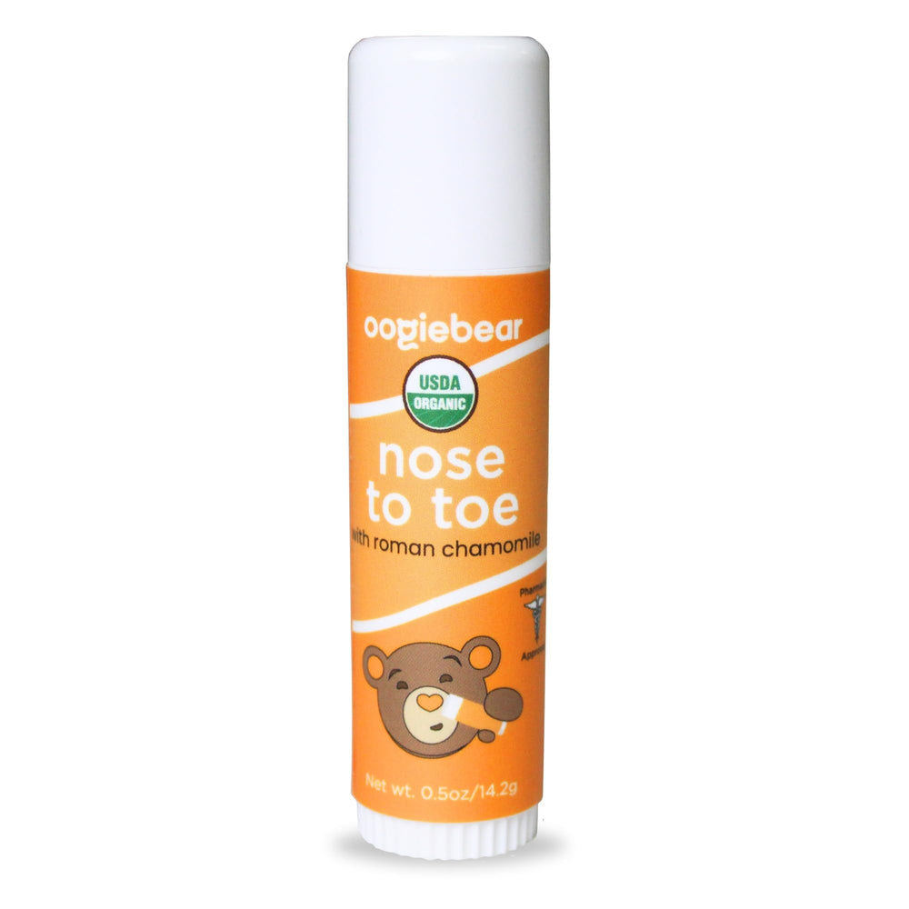 Oogiebear Nose to Toe Balm tube for gentle, mess-free moisture on baby's skin.
