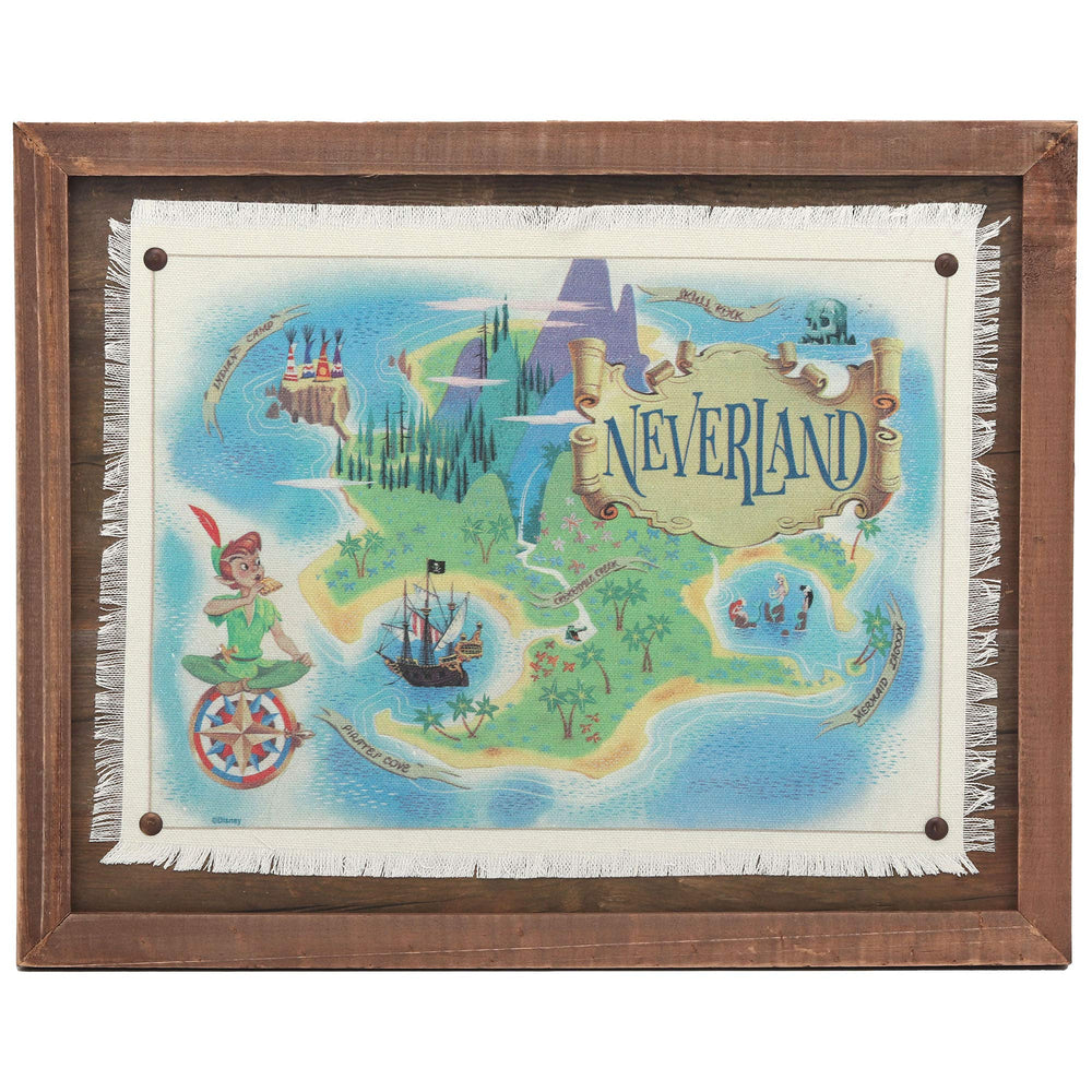 Open Road Brands Peter Pan Neverland map framed wall art adds whimsical charm.