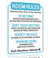 Opix Design funny room rules sign blue door adds playful teen room personality.