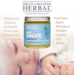 Close-up of Ora’s Amazing Herbal Baby Salve label showing fragrance-free formula