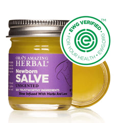 Label showcasing calendula, licorice, and castor oil in Ora's Amazing Herbal Newborn Salve