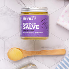 Ora's Amazing Herbal Newborn Salve USA-made label and packaging.