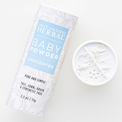 Ora's Amazing Herbal talc-free baby powder bottle closeup for gentle daily use.