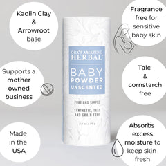Ora's Amazing Herbal unscented powder being applied on skin for moisture absorption.
