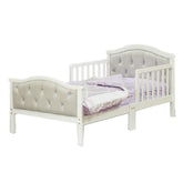 Orbelle Gray padded toddler bed frame with solid wood rails for sturdy sleep.
