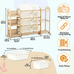 Orekemo wooden toy storage shelves show kid-friendly access for easy toy retrieval.