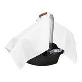 Organic Cotton Mart muslin car seat cover in use offers sun protection and privacy.