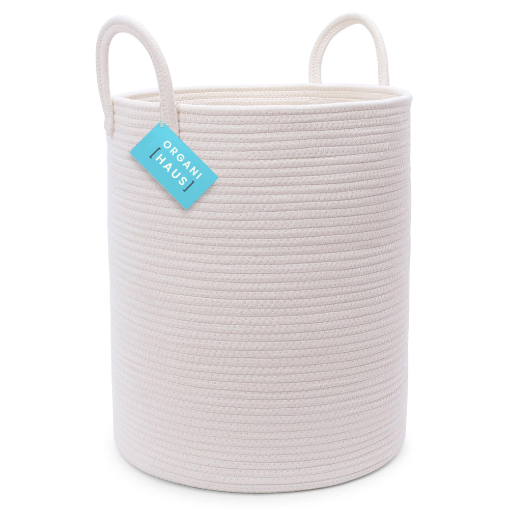 OrganiHaus large off-white woven laundry basket handles with ample 52L storage