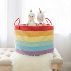 OrganiHaus rainbow basket filled with plush toys for kid-friendly storage