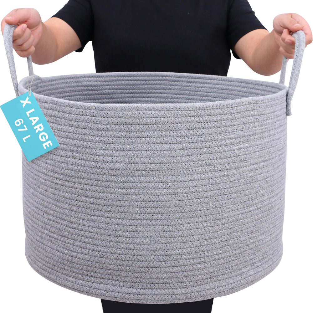 OrganiHaus large woven storage basket with blankets for cozy living room organization.