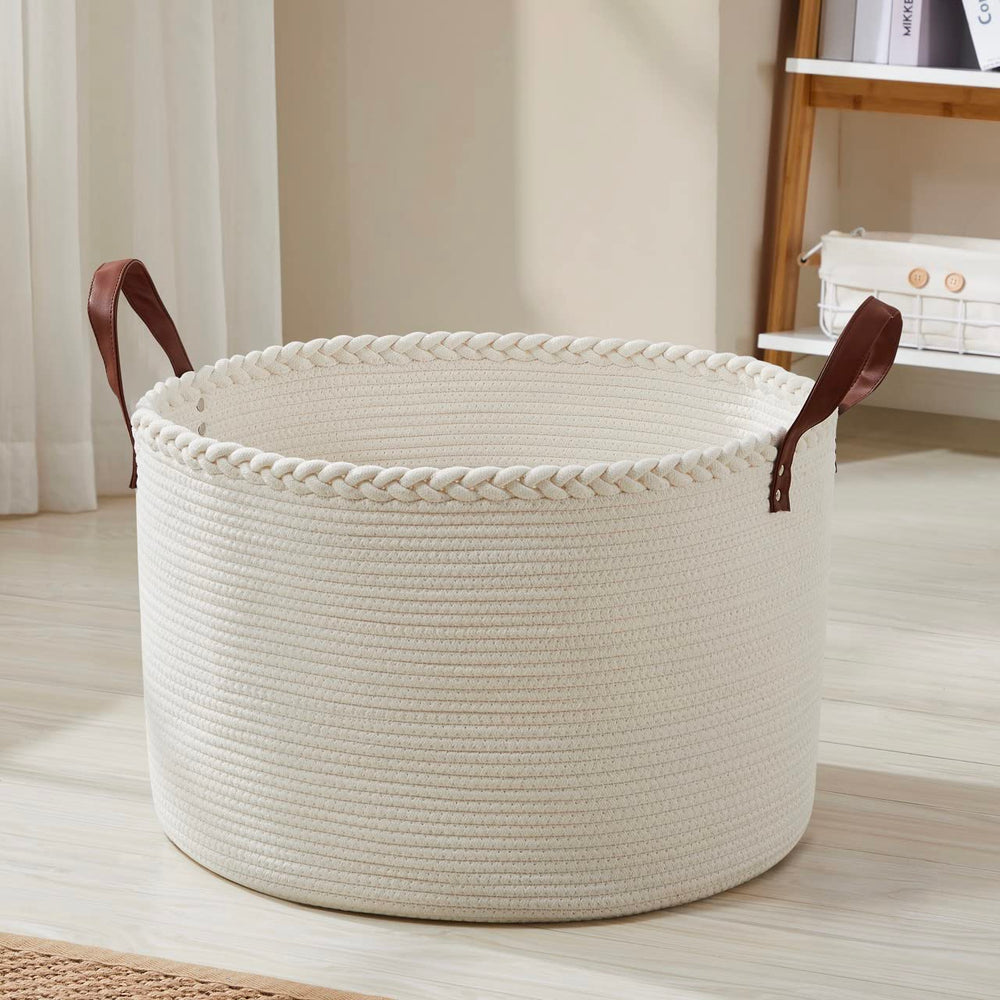 Organizix XL round cotton rope basket cream front view demonstrates spacious toy and towel storage.