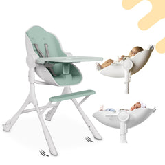 Oribel Cocoon Z high chair avocado green front view showing adjustable seating.