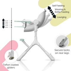 Oribel Cocoon Z high chair with Teflon-coated gliders enabling smooth, scratch-free movement across surfaces.