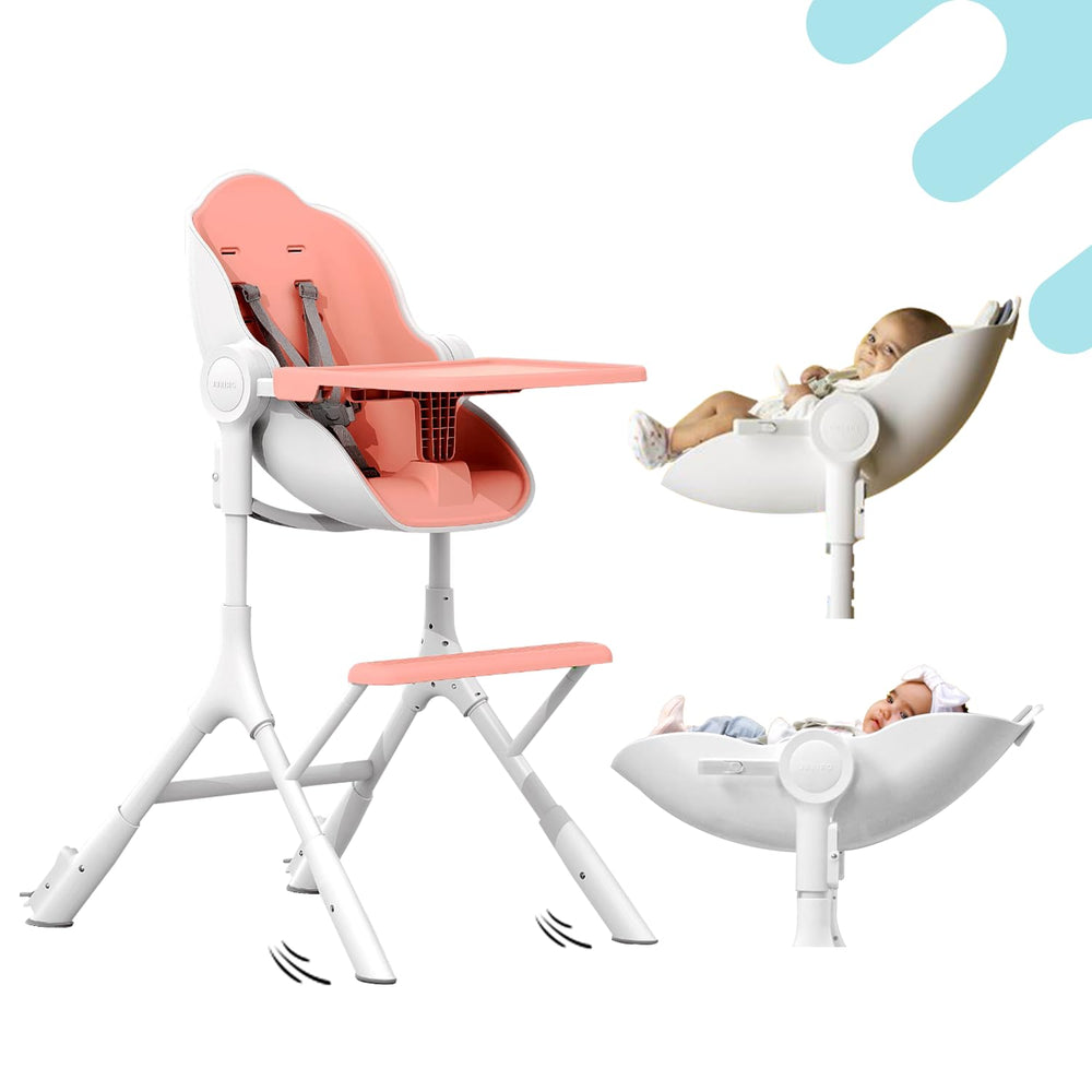 Oribel Cocoon Z high chair side view with smooth glide across hardwood floors for easy positioning