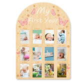 ORIGACH My First Year Growth Photo Display closeup, wooden frame with pink butterfly accents for nursery decor.