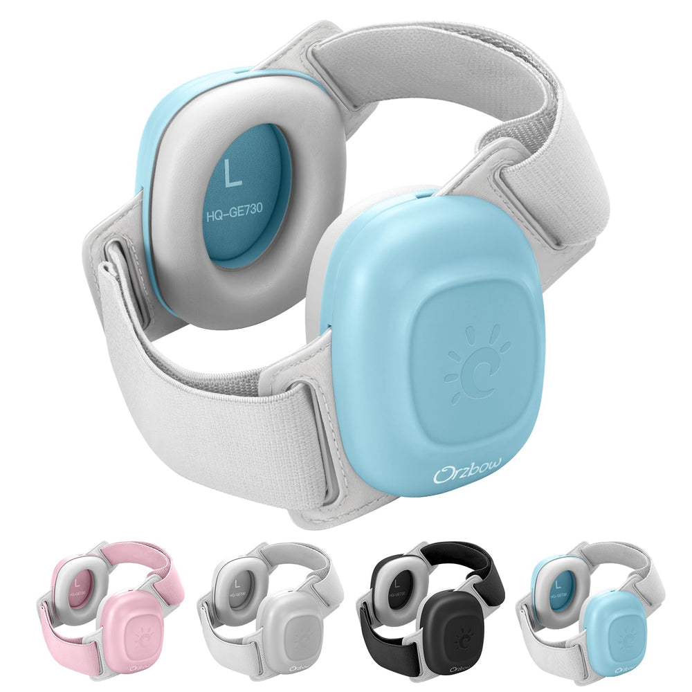 Orzbow baby ear muffs front view showing 25dB protection for travel.