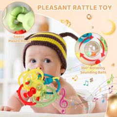 Orzbow baby teether close-up reveals colorful silicone balls for soothing gum massage.
