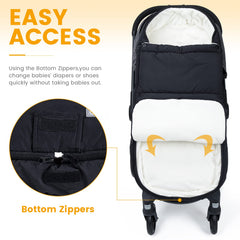 Orzbow Footmuff features two-way zipper for easy diaper changes without waking baby
