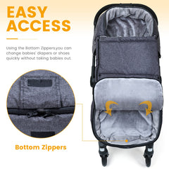 Orzbow Footmuff two-way zipper enables easy diaper changes during outings.