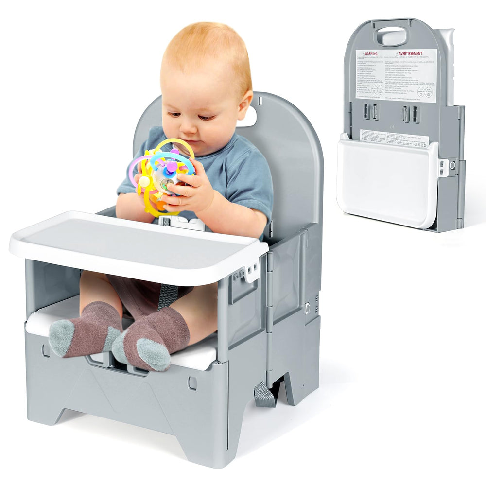 Orzbow portable high chair with tray demonstrates stable seating for meals on the go.