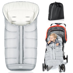 Orzbow universal footmuff shows baby wearing warm winter protection on a stroller.