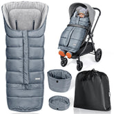 Orzbow universal stroller bunting bag gray demonstrates full coverage for cold weather comfort.