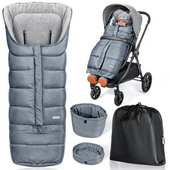 Orzbow universal stroller bunting bag gray demonstrates full coverage for cold weather comfort.