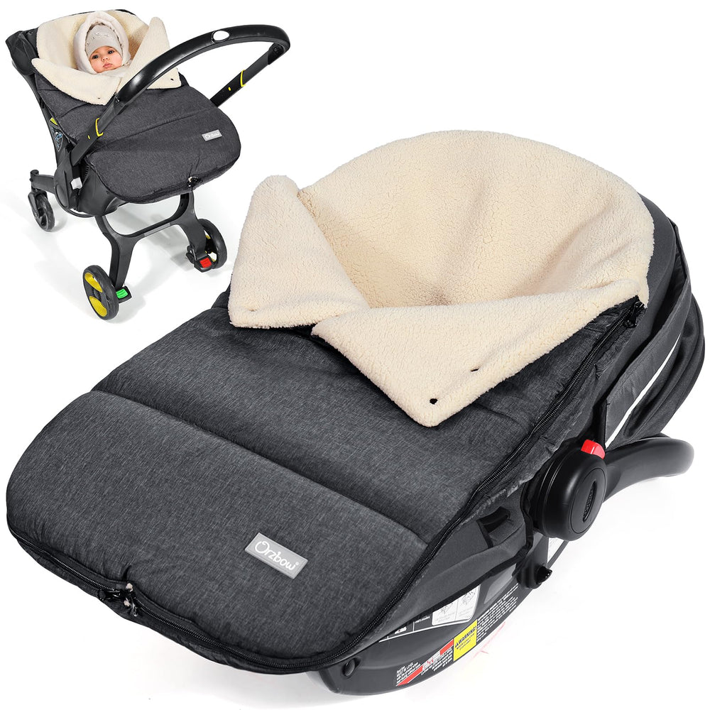 Orzbow winter carseat cover with adjustable collar in use, keeping baby warm and comfortable