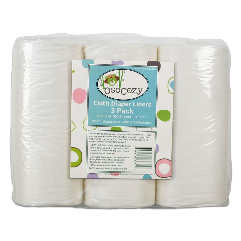 OsoCozy flushable diaper liners 3-pack packaging shown for easy stocking and setup.