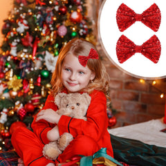 Ouligay red sequin bow close-up showcases vibrant sparkle for holidays.
