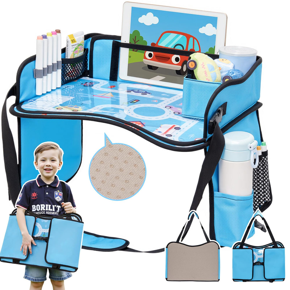 OUOZZZ Kids Travel Tray front view with weight-relief strap for smoother car journeys