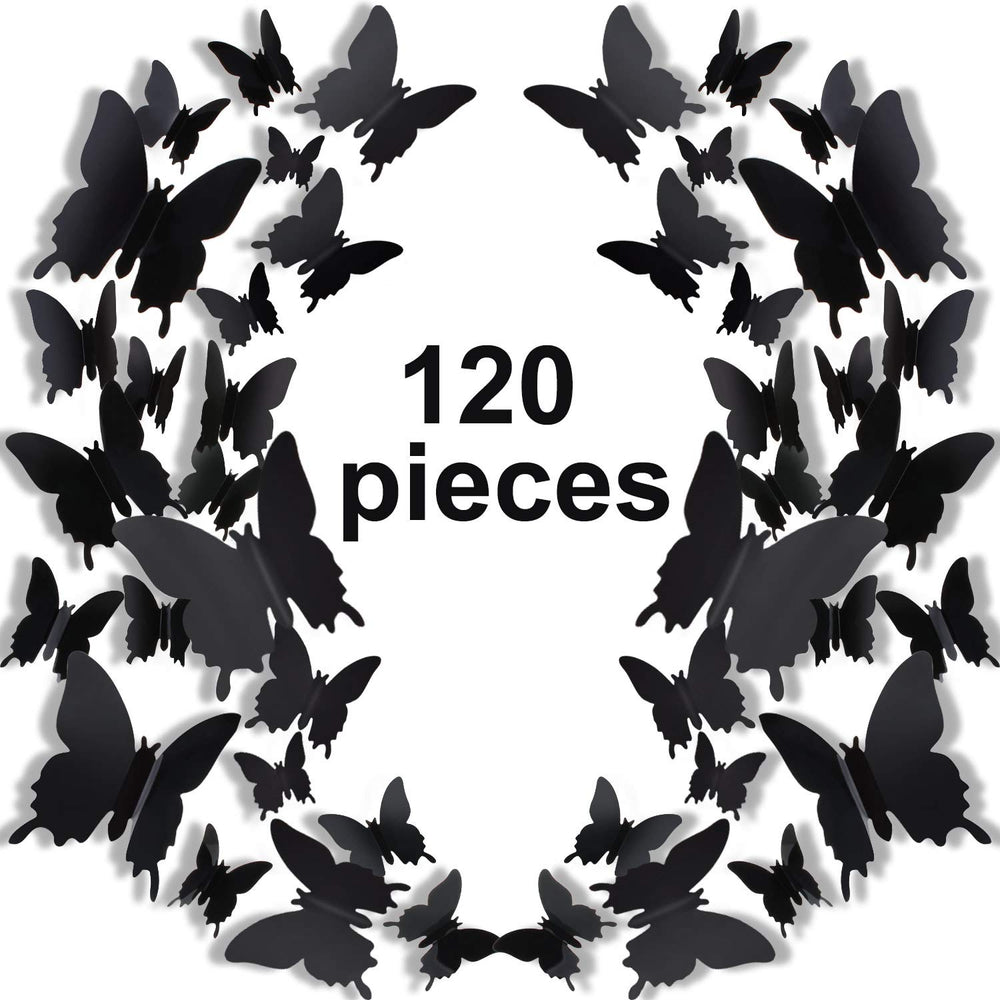Outus 120-piece 3D butterfly stickers in black create a whimsical wall display.