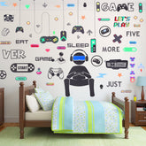 Outus 56-piece gamer wall decals stacked on-wall display for customizable room decor and gamer vibes.