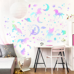 Outus glitter-detail unicorn and fairy decal adds shimmer to playrooms.