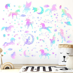Outus unicorn and fairy decals shown on walls and glass windows for versatile decor.