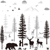 Outus winter forest pine trees wall decal adds cozy woodland vibe to kid's room.