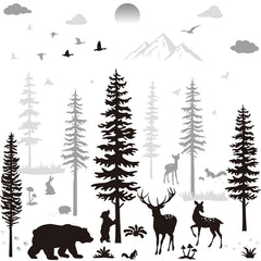 Outus winter forest pine trees wall decal adds cozy woodland vibe to kid's room.