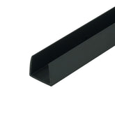 Outwater black half-inch styrene U-channel closeup highlights scratch resistance and edge protection.