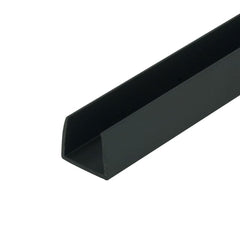 Outwater black half-inch styrene U-channel closeup highlights scratch resistance and edge protection.