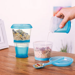 OVOY cereal to-go blue leakproof cap keeps contents secure during travel.