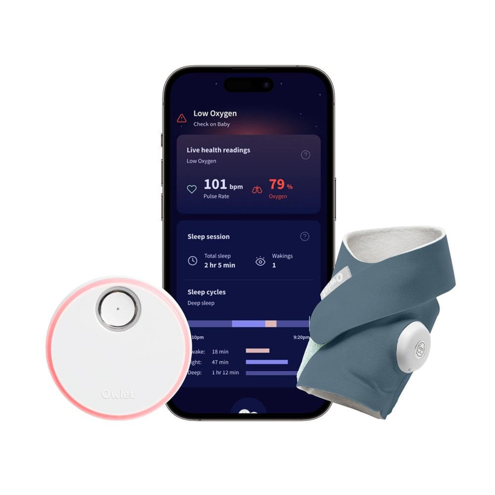 Owlet Dream Sock worn on infant foot for real-time heart rate and oxygen awareness.