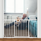 Owlie adjustable stair gate with extensions for flexible width.
