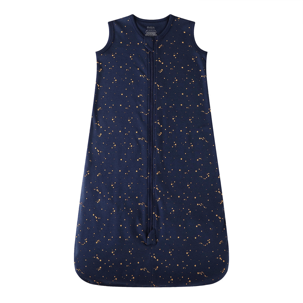 Owlivia baby organic cotton sleep sack Starry Sky provides breathable warmth for warm rooms.
