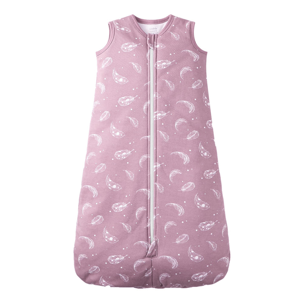 Owlivia baby sleep sack mauve feather on crib promotes cozy nights