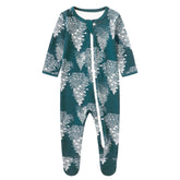 Owlivia organic cotton baby pajamas Pine print with zip-front for quick changes