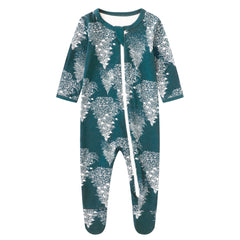 Owlivia organic cotton baby pajamas Pine print with zip-front for quick changes