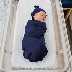 OWLOWLA 32x32 navy swaddle blanket illustrates versatile wrap for car seat or stroller.