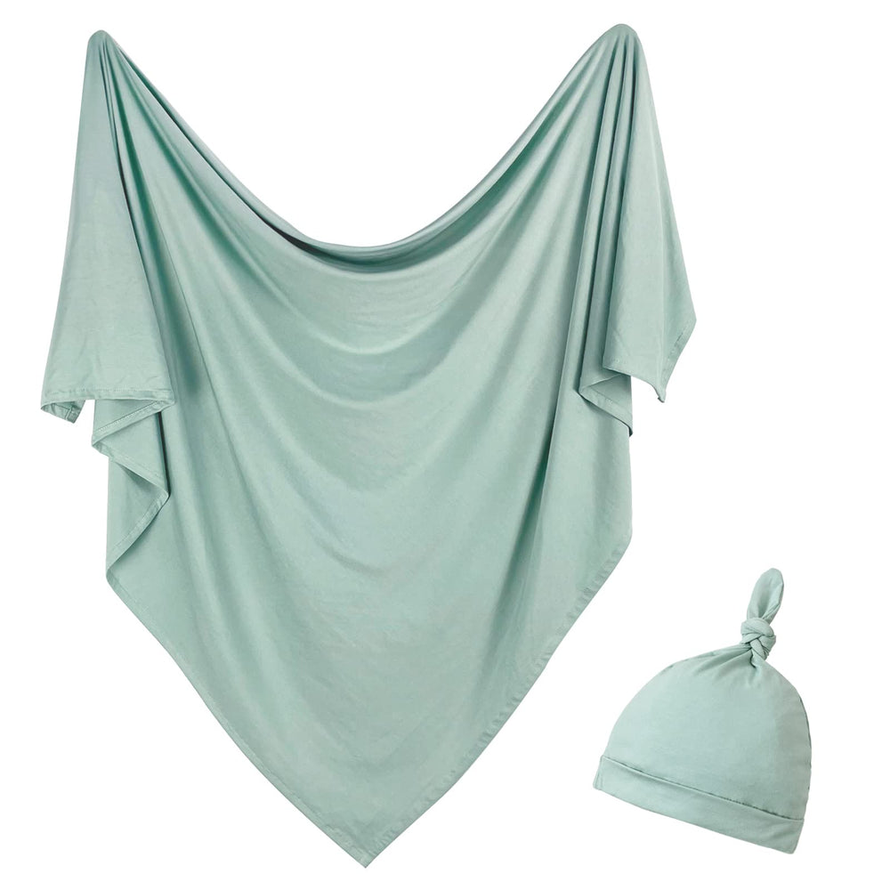 OWLOWLA Sage newborn swaddle blanket flat lay shows soft rayon-spandex fabric for gentle wrap