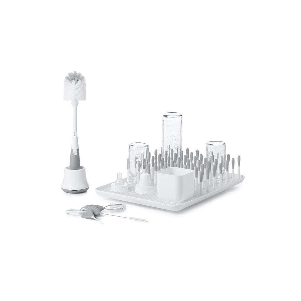 OXO Tot Bottle Brush with Stand ready for tall bottles and easy drying.